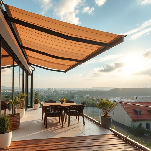 A spacious, modern outdoor terrace measuring 20x4 meters, shaded by a large, colorful fabric awning decorated with traditional African patterns. The awning features vivid, intricate motifs in a rich palette of gold, terracotta, deep red, dark green, and bright blue, creating an authentic African art style. In the background, a softly blurred lush jungle or savannah landscape with golden sunlight illuminating trees and exotic plants evokes a peaceful, vibrant atmosphere. The terrace is furnished with handcrafted, achát and terracotta-colored furniture decorated with traditional African designs, placed on richly woven, colorful rugs. Unique, artisanal ceramic accessories with bold patterns add decorative charm throughout the space. Elegant glass bottles in red and green tones offer a touch of tranquility. Hidden under the fabric shade are delicately detailed miniature animal figures, such as a tiny squirrel or dwarf parrot, subtly blending into the natural environment, adding a playful and harmonious element. The overall scene exudes a playful, warm, and intimate ambience, inviting viewers to imagine relaxing moments on this exotic terrace inspired by traditional African art.