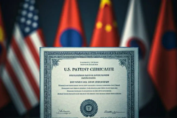 Image of a patent certificate or trademark symbol with a US flag and Asian flags in the background.