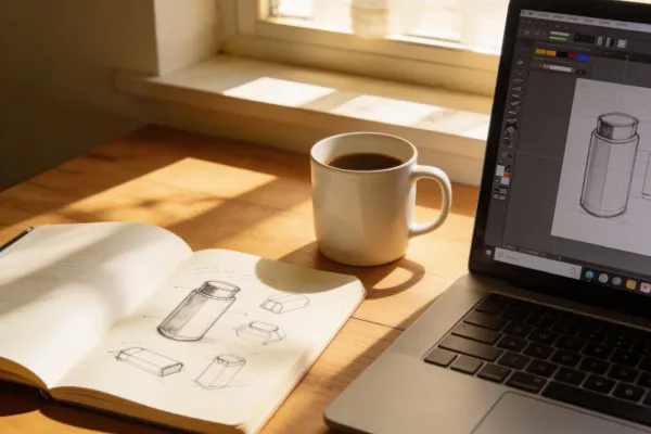 Soft morning light over a desk with a coffee mug, open notebook with doodles of a product sketch, laptop with design tools visible, cozy minimal workspace vibe.