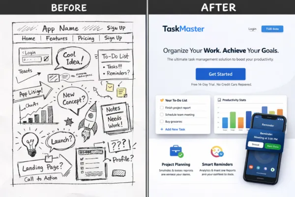 Before vs After concept image — left side: messy notes/idea sketches, right side: polished product or website.