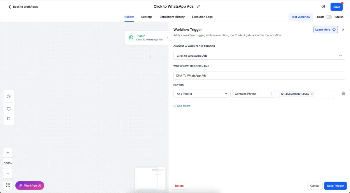 WhatsApp Workflow Trigger: Click-to-WhatsApp Ads & Facebook Page CTA
