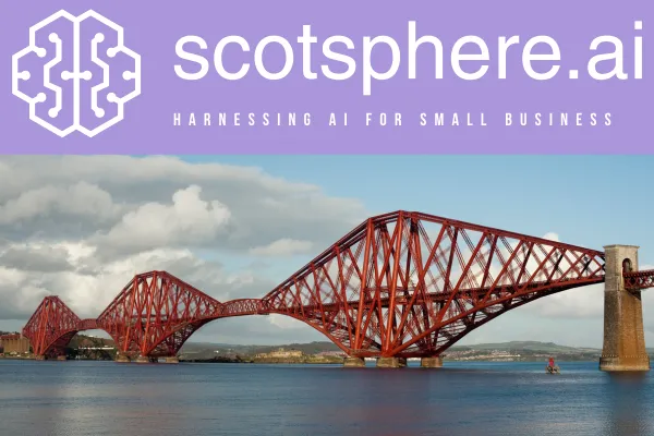 Forth Rail Bridge at sunset with scotsphere AI logo overlaid as a banner — representing Scottish innovation in AI-powered voice receptionist services