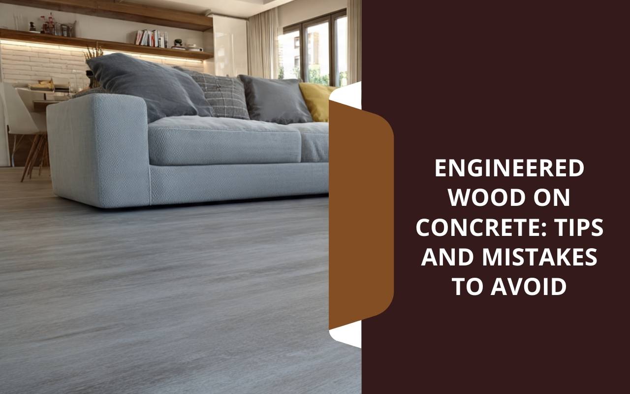Modern living room showcasing engineered wood on concrete with a smooth, leveled slab and warm natural finish