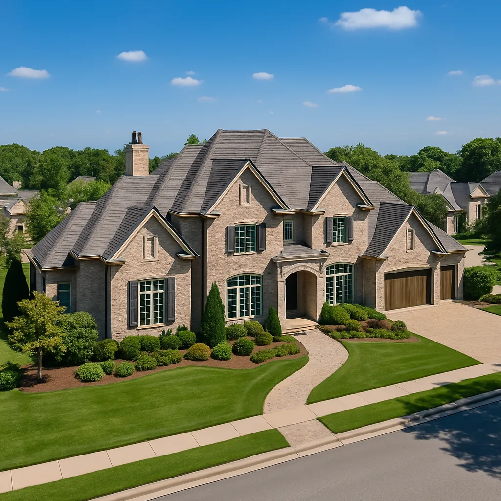 Aerial view of a luxury residential neighborhood in Northwest Indiana, showcasing large custom-built homes with manicured lawns, winding streets, and elegant landscaping at golden hour.