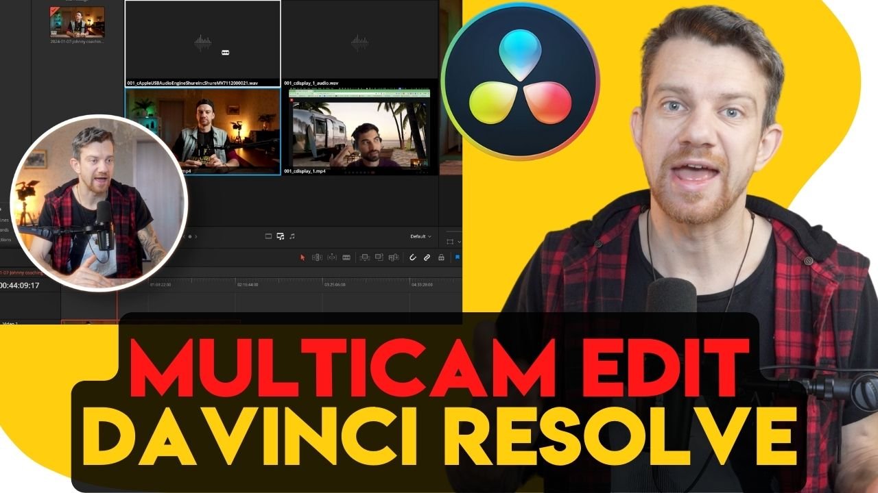 Online coaching setup with multiple cameras, showing DaVinci Resolve editing software interface for multicam recording and editing, designed to improve video quality and audience engagement.