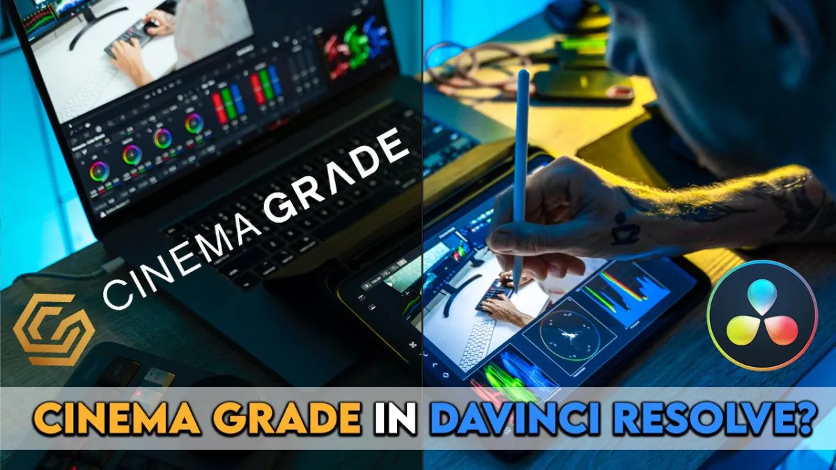 A workstation featuring Cinema Grade in DaVinci Resolve, showcasing color grading tools, waveform, vectorscope, and histogram for achieving cinematic looks.