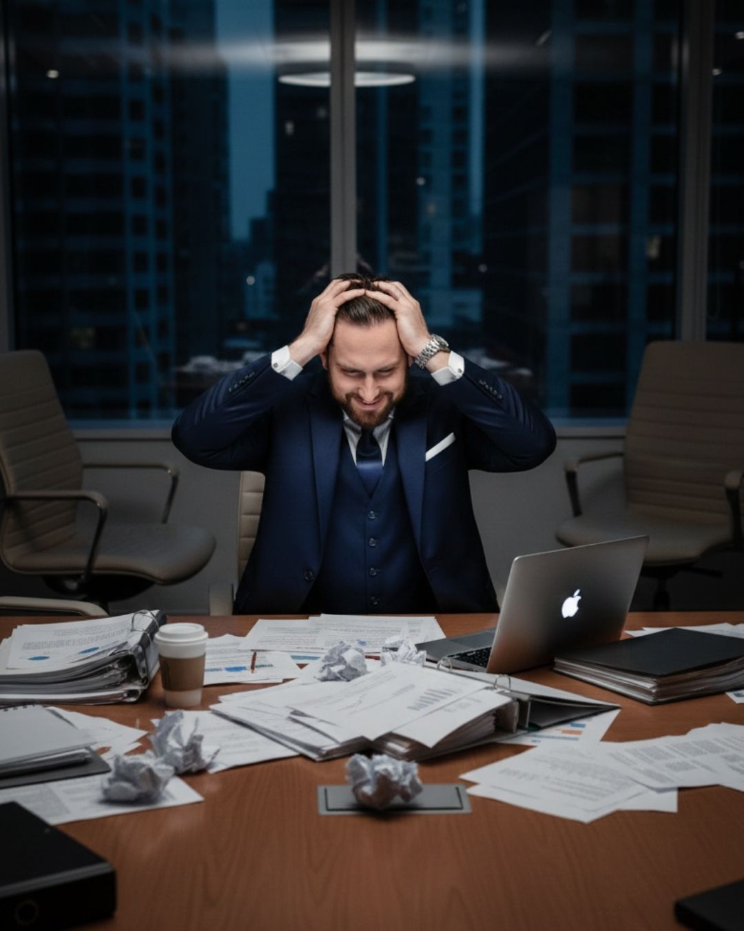 man is stress while sitting on the table while there is a lot of paper work