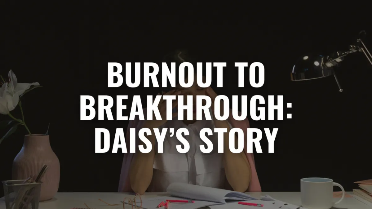 Exhausted woman working late at office desk representing executive burnout and workplace stress before transformation