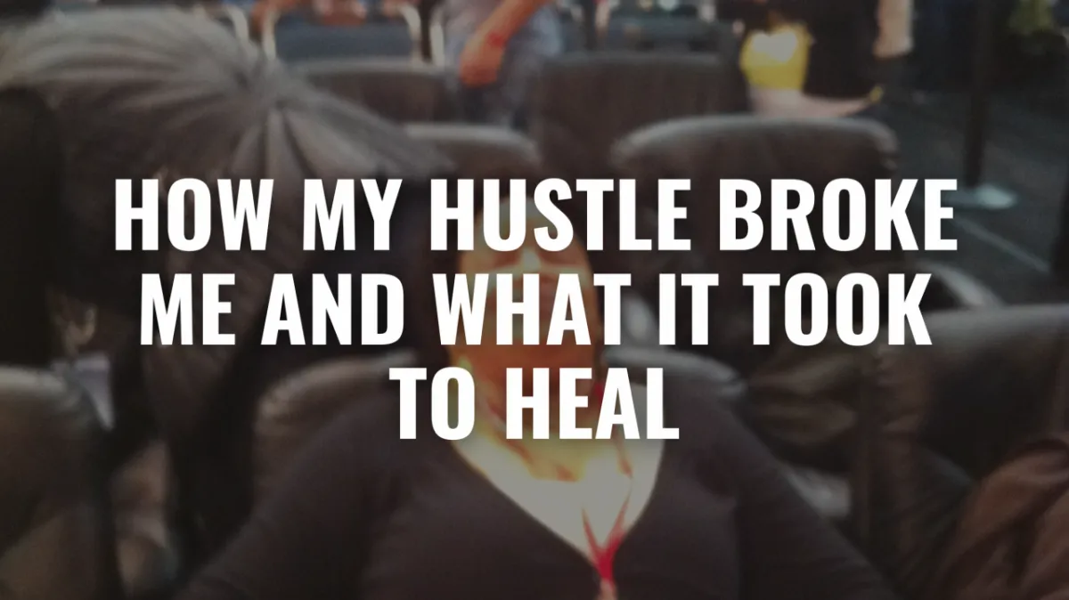 Woman at crowded networking event representing hustle culture and overcommitment before burnout and breakdown