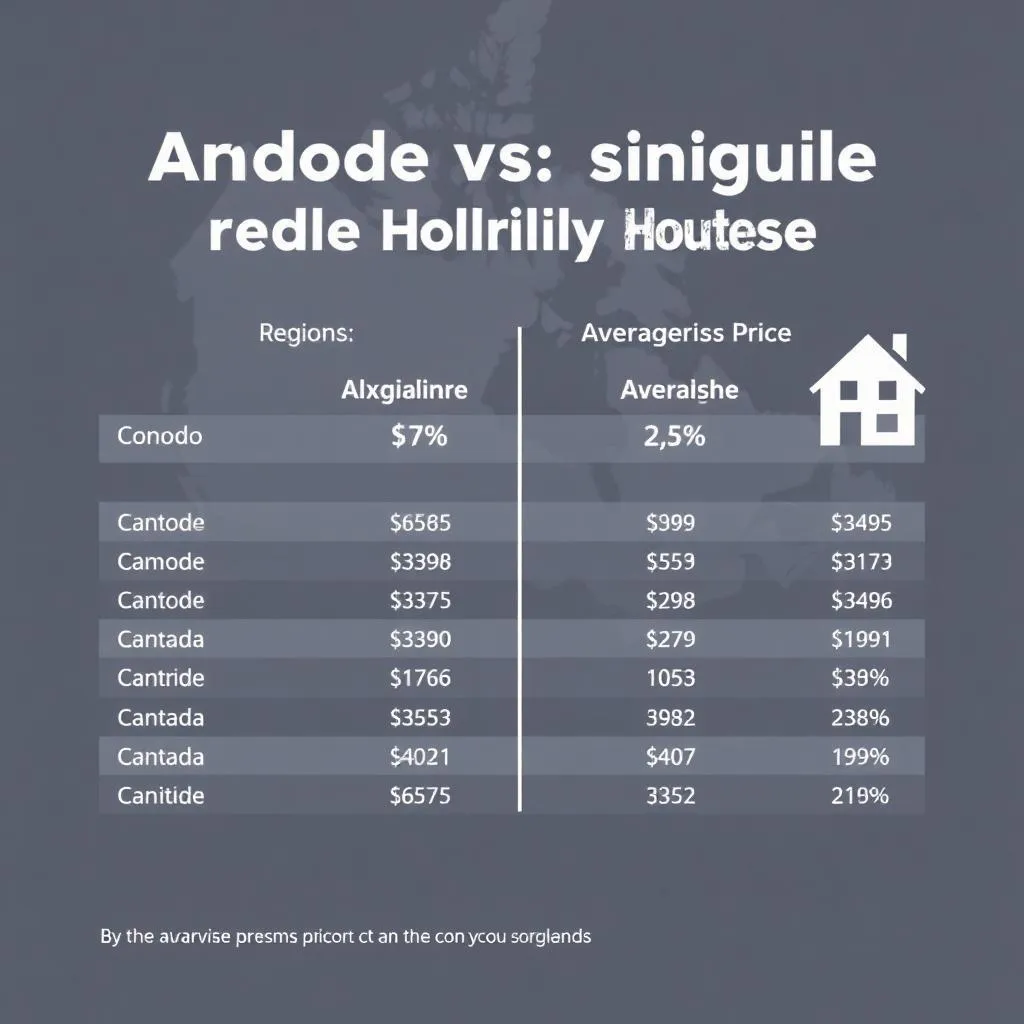 (Image : Tableau comparatif des prix moyens condo vs maison par région) Attribut Alt : Prix moyen condo vs maison unifamiliale au Canada 