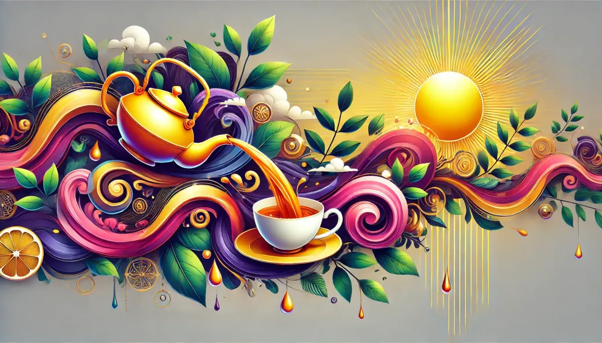 A colour image with a teapot pouring tea with a backdrop of leaves and swirls. There's a bright sun on the right, with sunbeams shining from it.