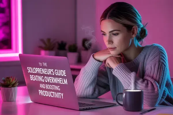 A woman sitting at a desk looking at her computer, the words on the back are "The Solopreneur's Guide to Beating Overwhelm and Boosting Productivity". Pink hues are the dominant color.