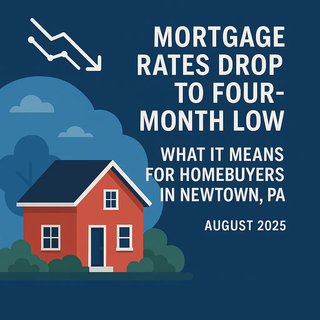 Graph showing decline in mortgage interest rates with Newtown, PA homes in the background