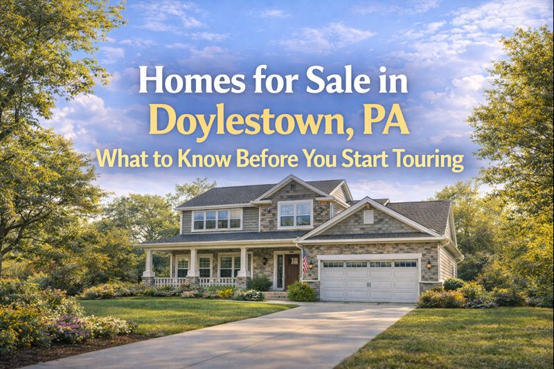 AI generated suburban home background with centered title Homes for Sale in Doylestown, PA What to Know Before Touring