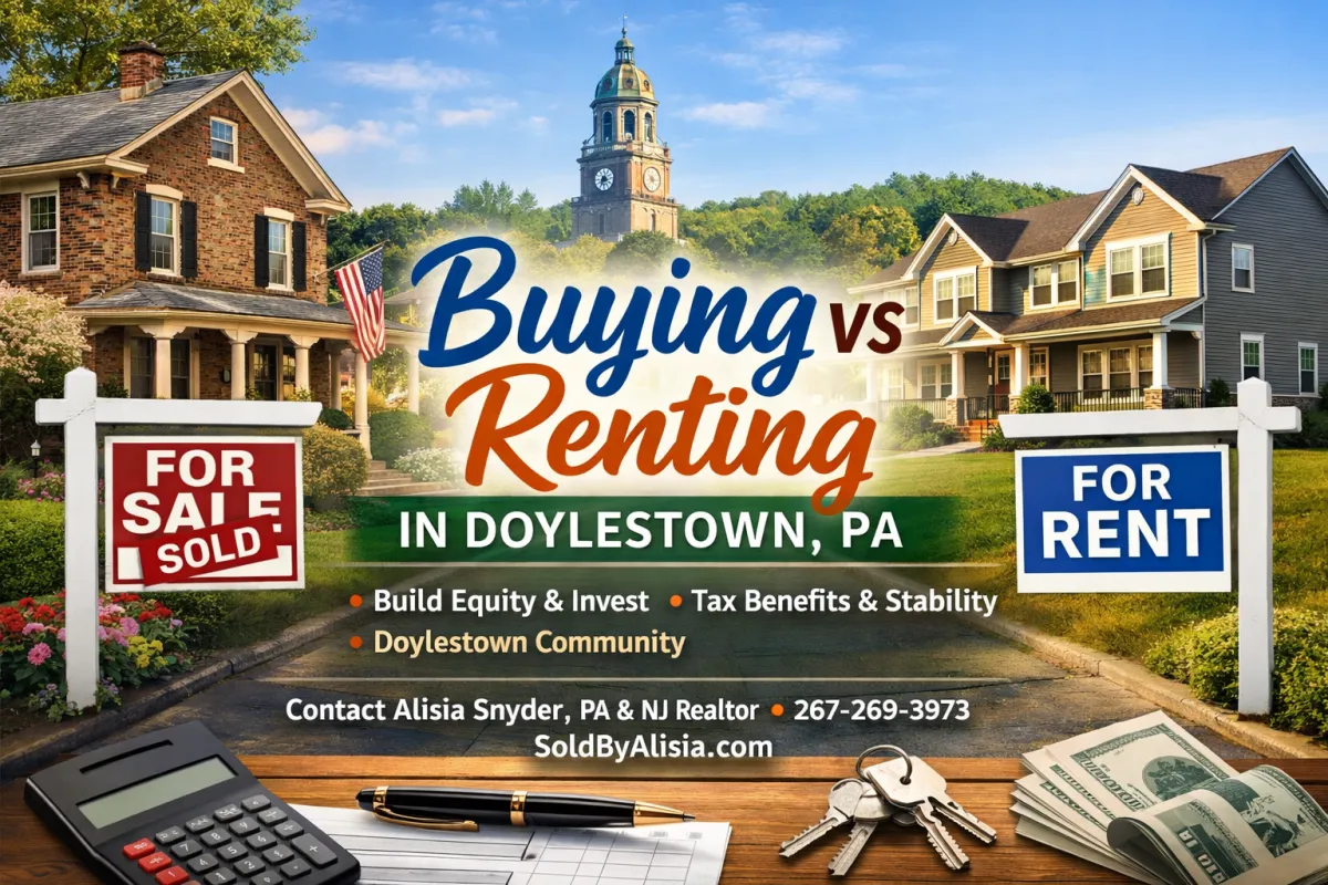 Buying vs Renting in Doylestown, PA blog cover featuring a split scene with a brick historic home and a newer suburban home, Doylestown courthouse tower in the background, and “For Sale Sold” and “For Rent” yard signs, with the headline “Buying vs Renting in Doylestown, PA” centered and contact info for Alisia Snyder, PA & NJ Realtor.