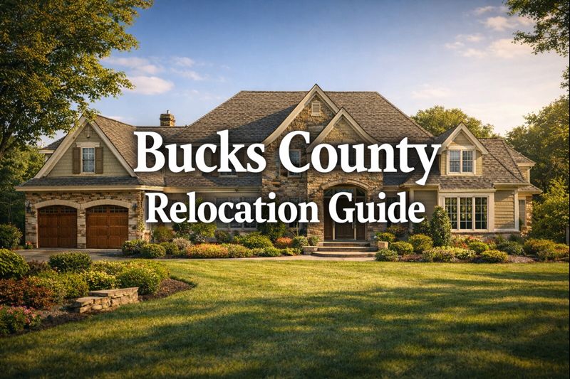 Bucks County Relocation Guide cover showing a beautiful home with centered title text.