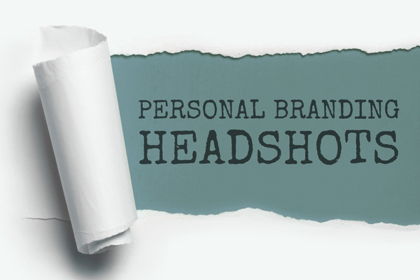 Personal branding headshots concept graphic with torn paper design and the words “Personal Branding Headshots” on a muted blue background