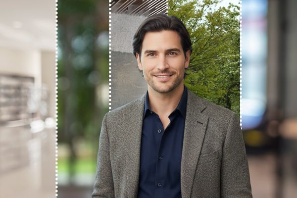 Before and after comparison of a professional headshot showing a subject placed on different digital backgrounds to demonstrate how background choice impacts the final image