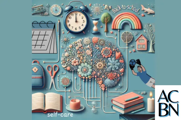graphic with icons of self-care, calendars, clocks, brain, books, goalie