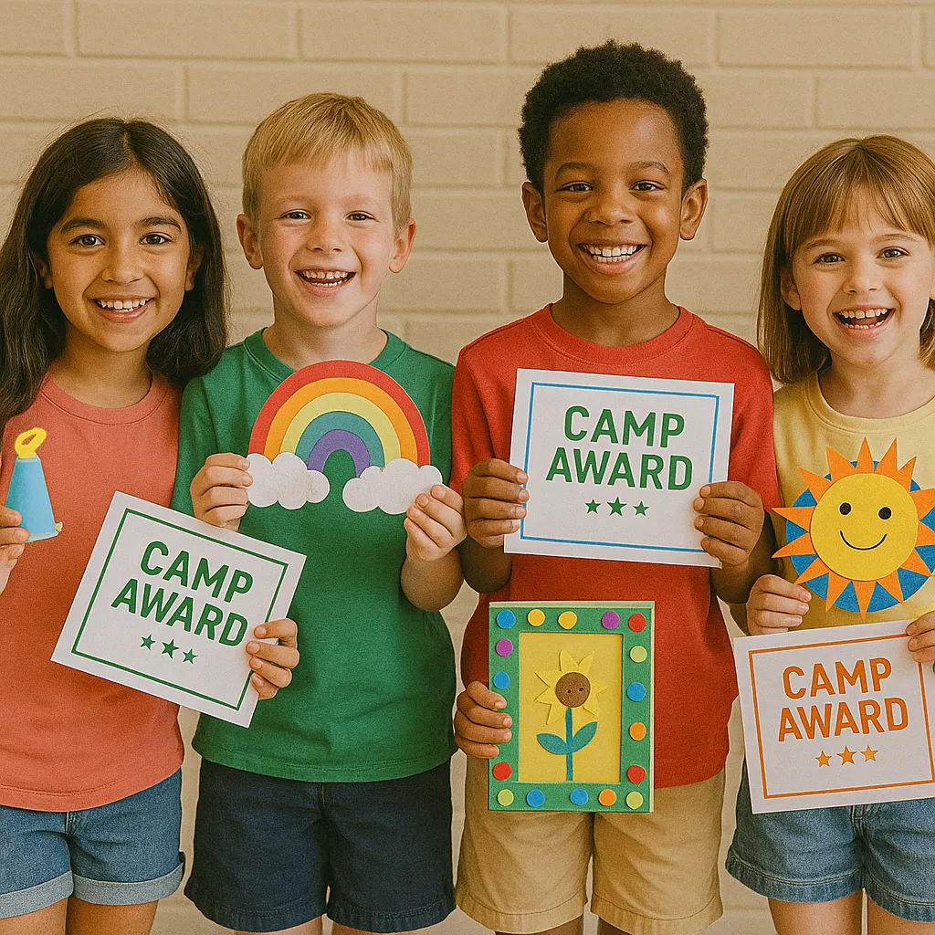 Group of campers proudly holding up arts and crafts and camp awards.