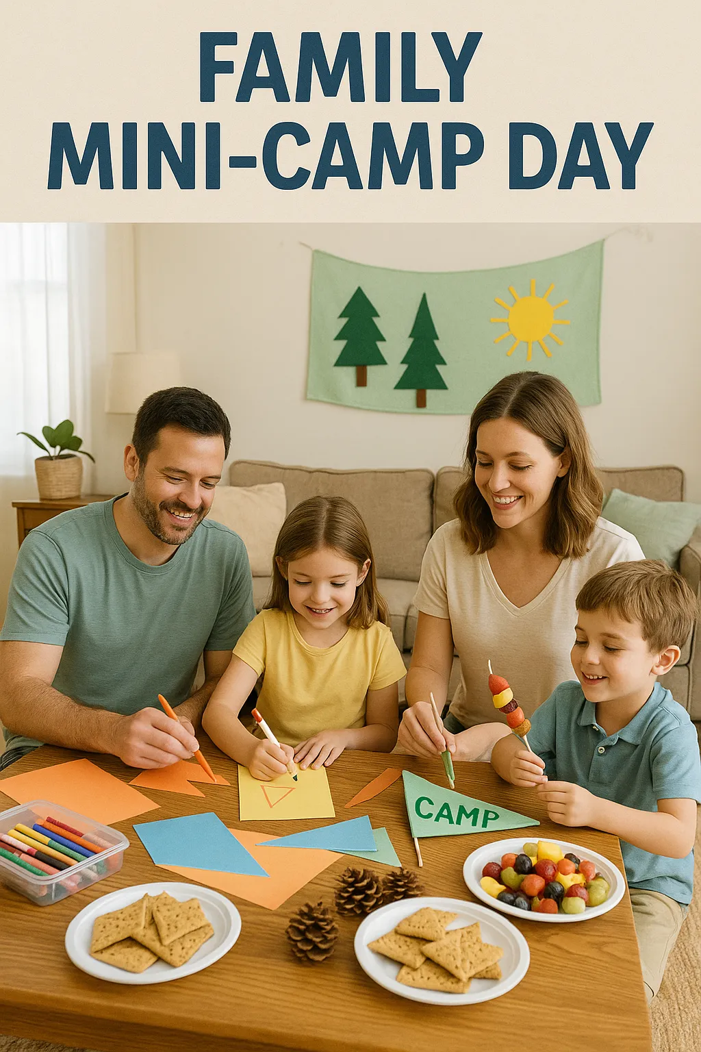 A family participating in a summer-themed indoor activity with crafts and snacks.