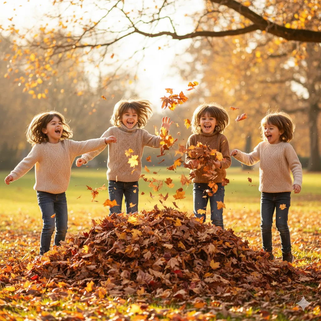 Children playing in colorful fall leaves during fall break.