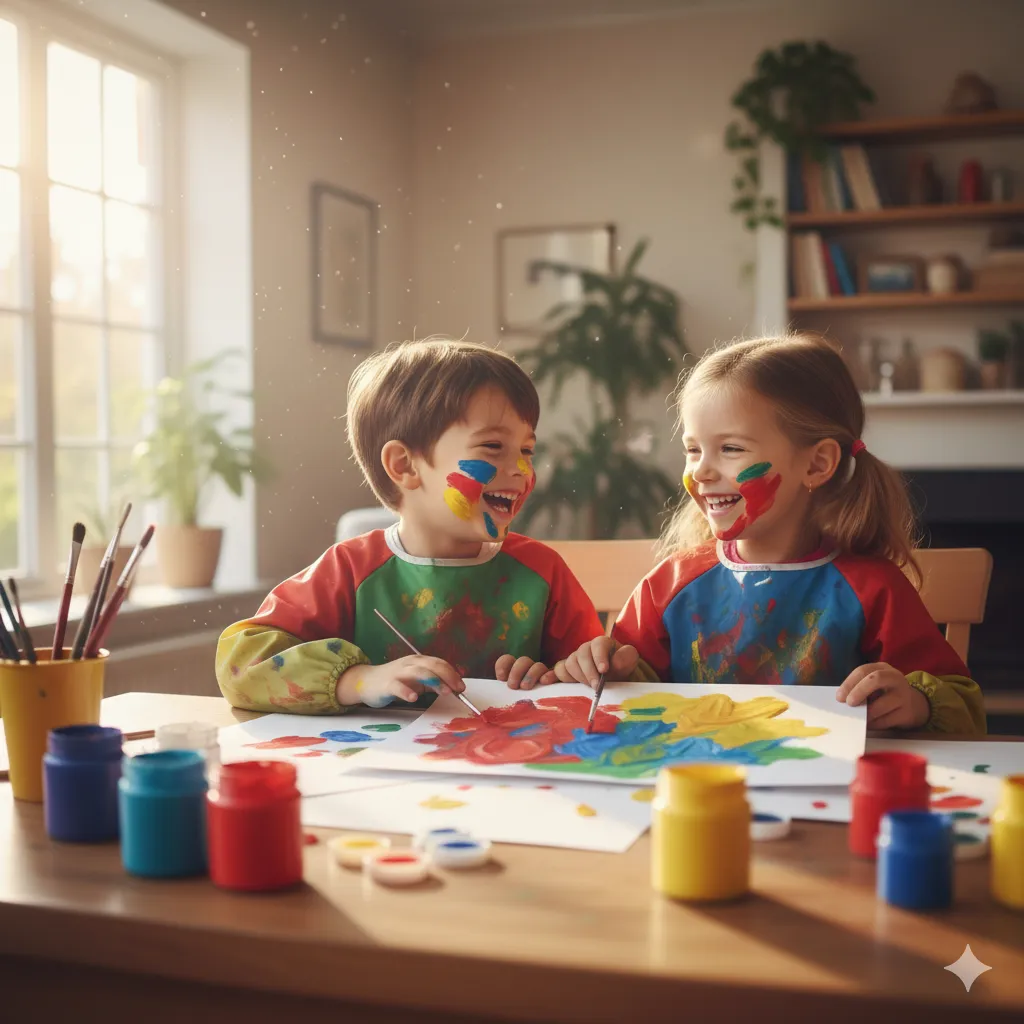 Kids enjoying a creative art activity indoors, trying new hobbies during fall break