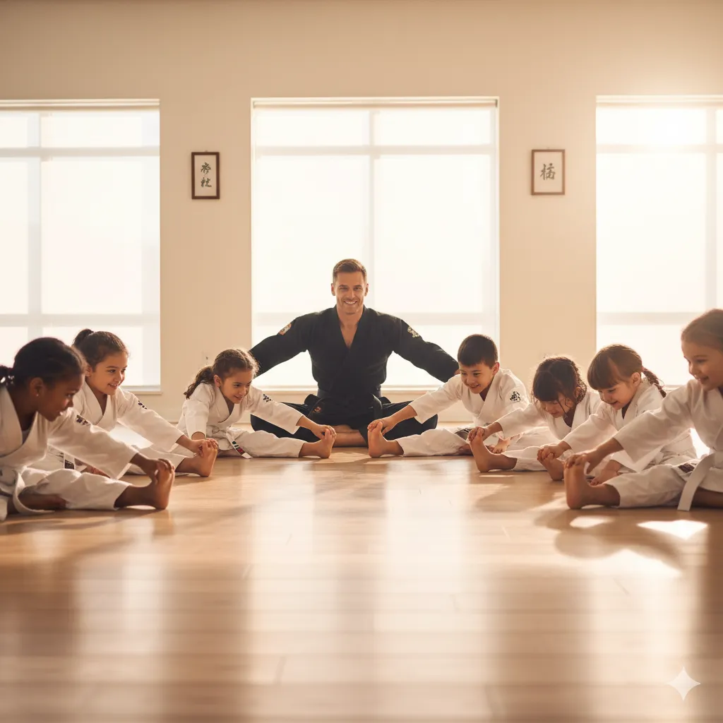 A group of kids in martial arts uniforms stretching together in class after fall break.