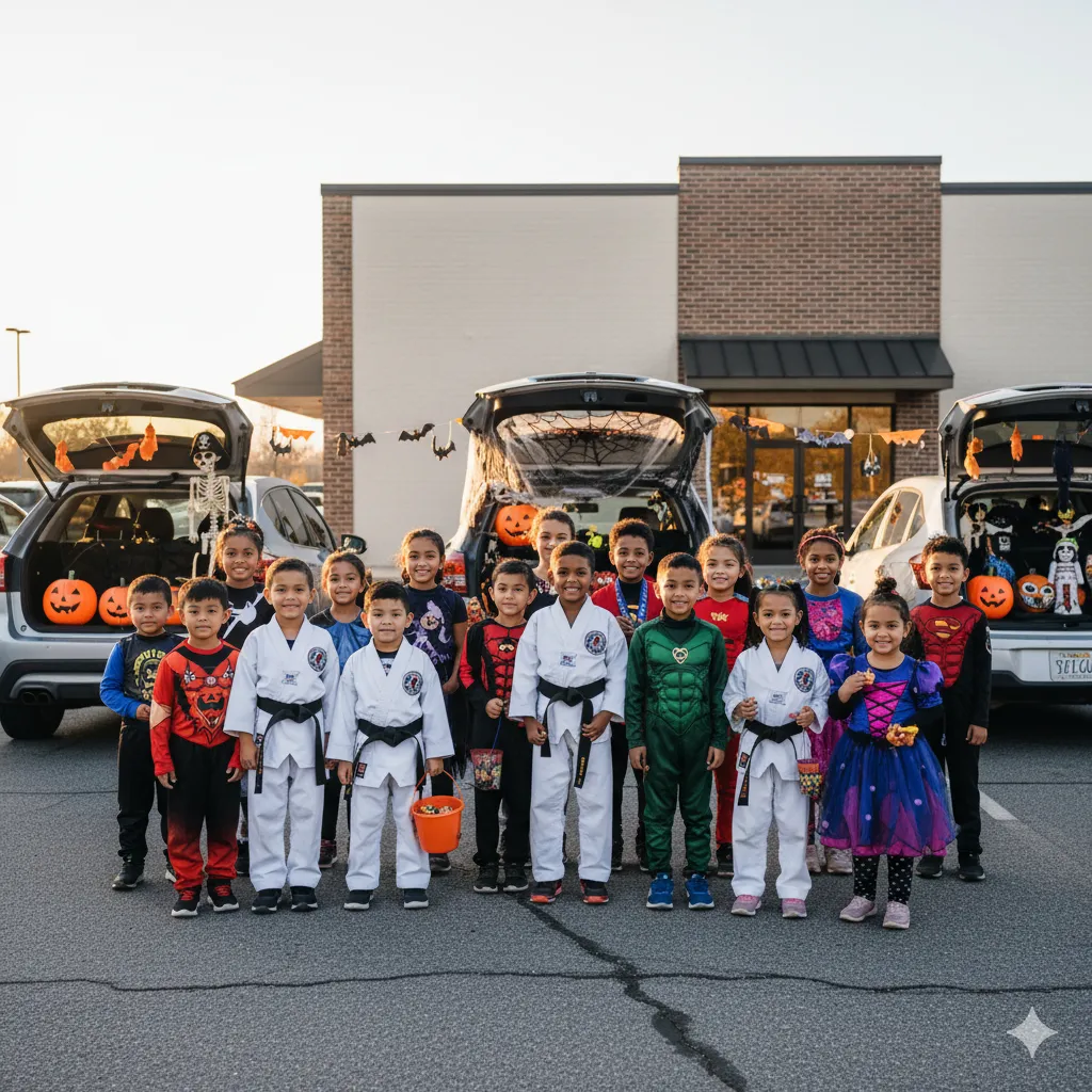 Martial arts students dressed in Halloween costumes during a Trunk-or-Treat event, smiling together in front of decorated cars.