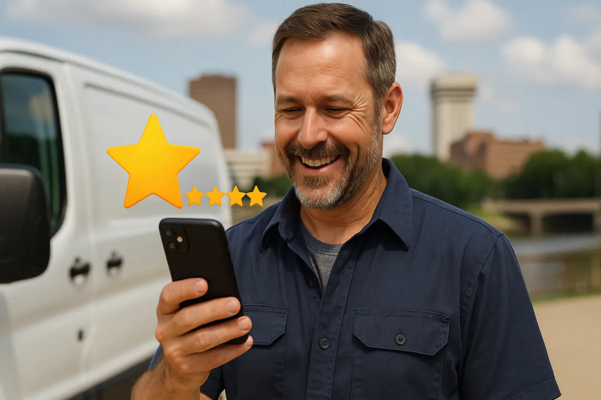 Wichita service business owner reading a 5-star Google Review notification on their phone, with local city elements in the background, representing how reviews help boost local visibility and client trust.