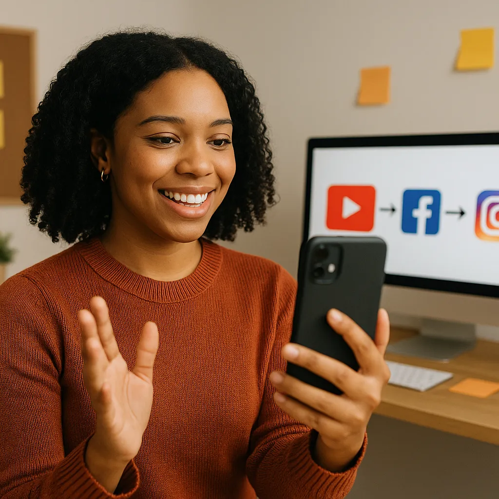 Black female entrepreneur filming social media video in Wichita office while planning content repurposing system, representing efficient marketing strategy for service businesses.