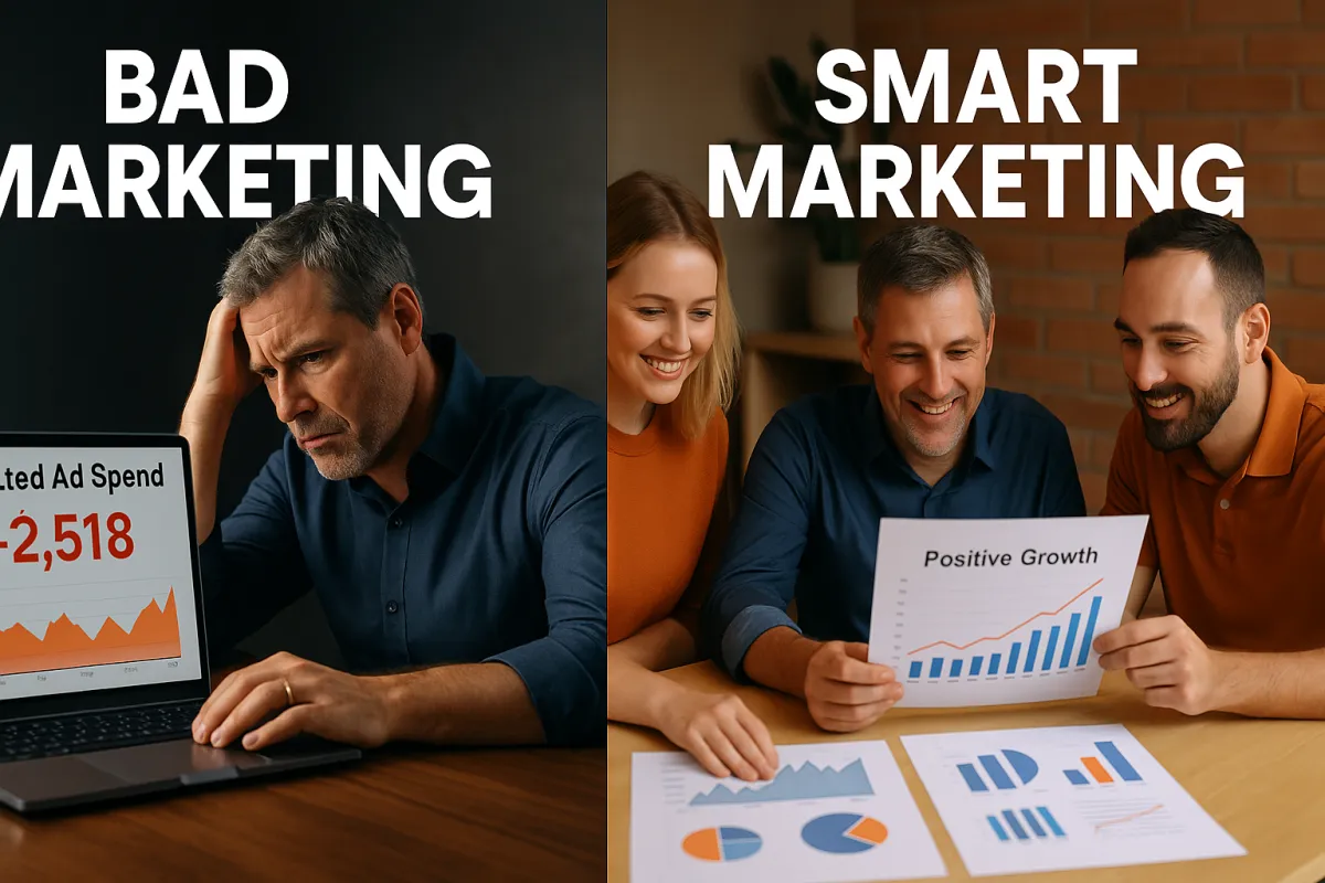 Split-screen of Wichita business owner comparing wasted marketing spend vs. successful results after working with a local marketing agency.