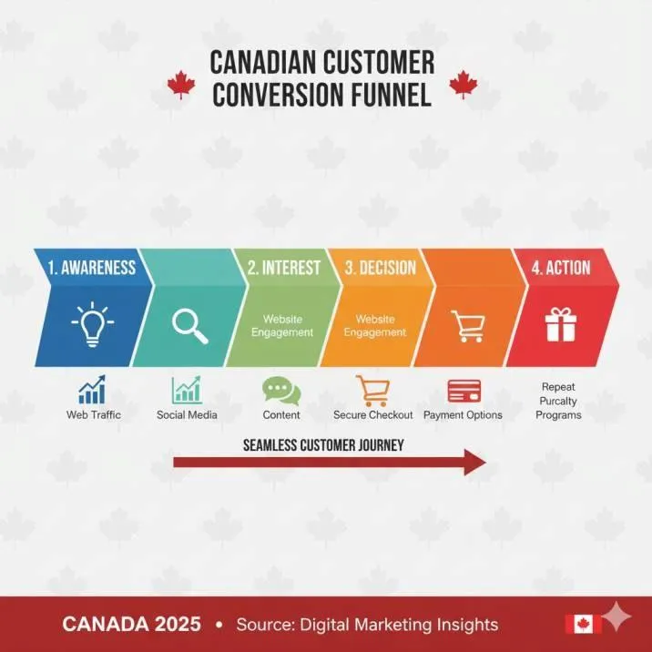 Infographic showing the customer conversion funnel for Canadian businesses — awareness → interest → decision → action, with icons for web traffic, engagement, checkout, and repeat purchase.