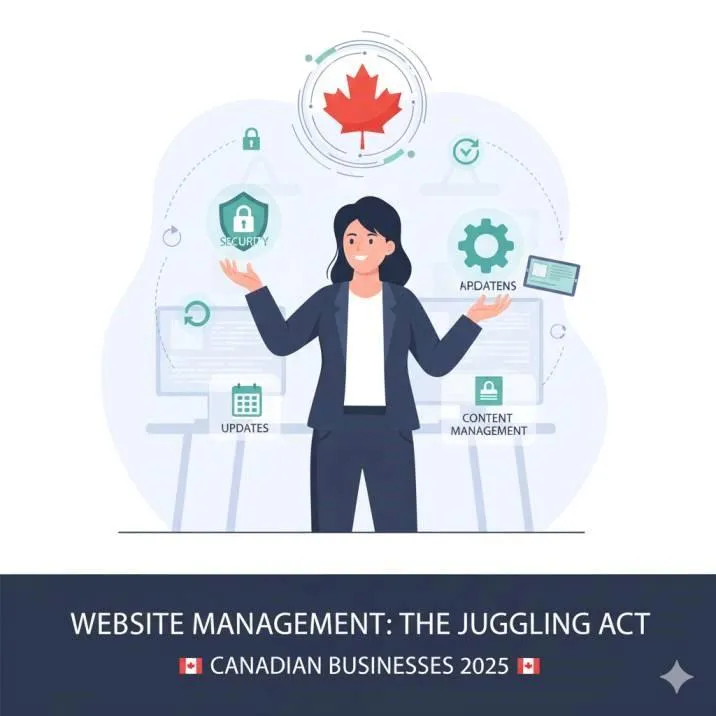 Illustration of a Canadian business owner juggling website tasks like security, updates, and content management. Professional, clean, tech-focused design.