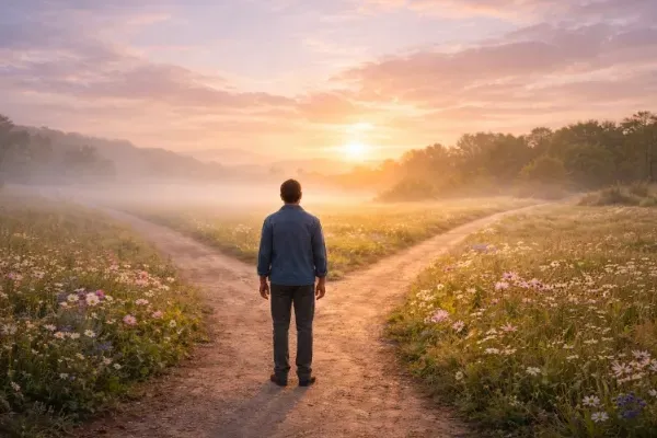 A person stands calmly at a fork in a dirt path at sunrise, facing two gently curving trails that grow brighter ahead. Soft golden light breaks through pastel clouds, morning mist lingers over wildflower-lined fields, and the peaceful landscape feels hopeful and serene.