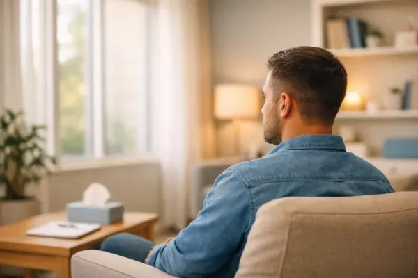 Man sitting in a softly lit therapy office with natural light and a calm, welcoming atmosphere
