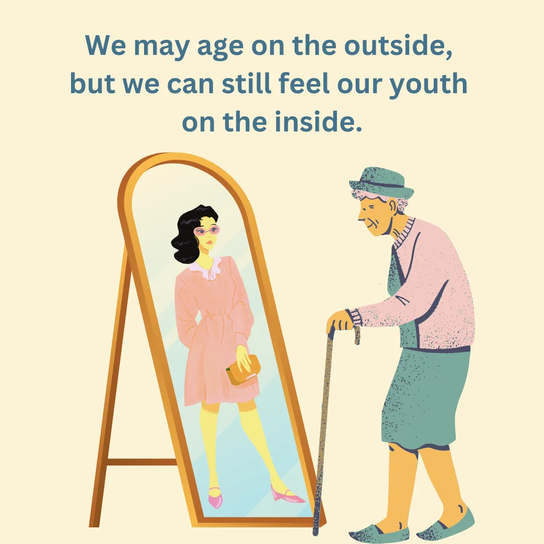 older woman looking in the mirror at a younger self