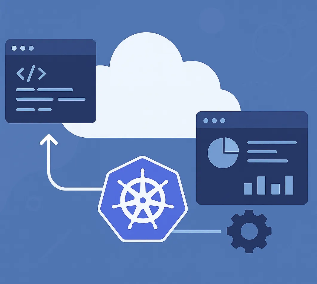 Cloud-native Kubernetes deployment illustration showing container orchestration, code integration, and system monitoring graphics.
