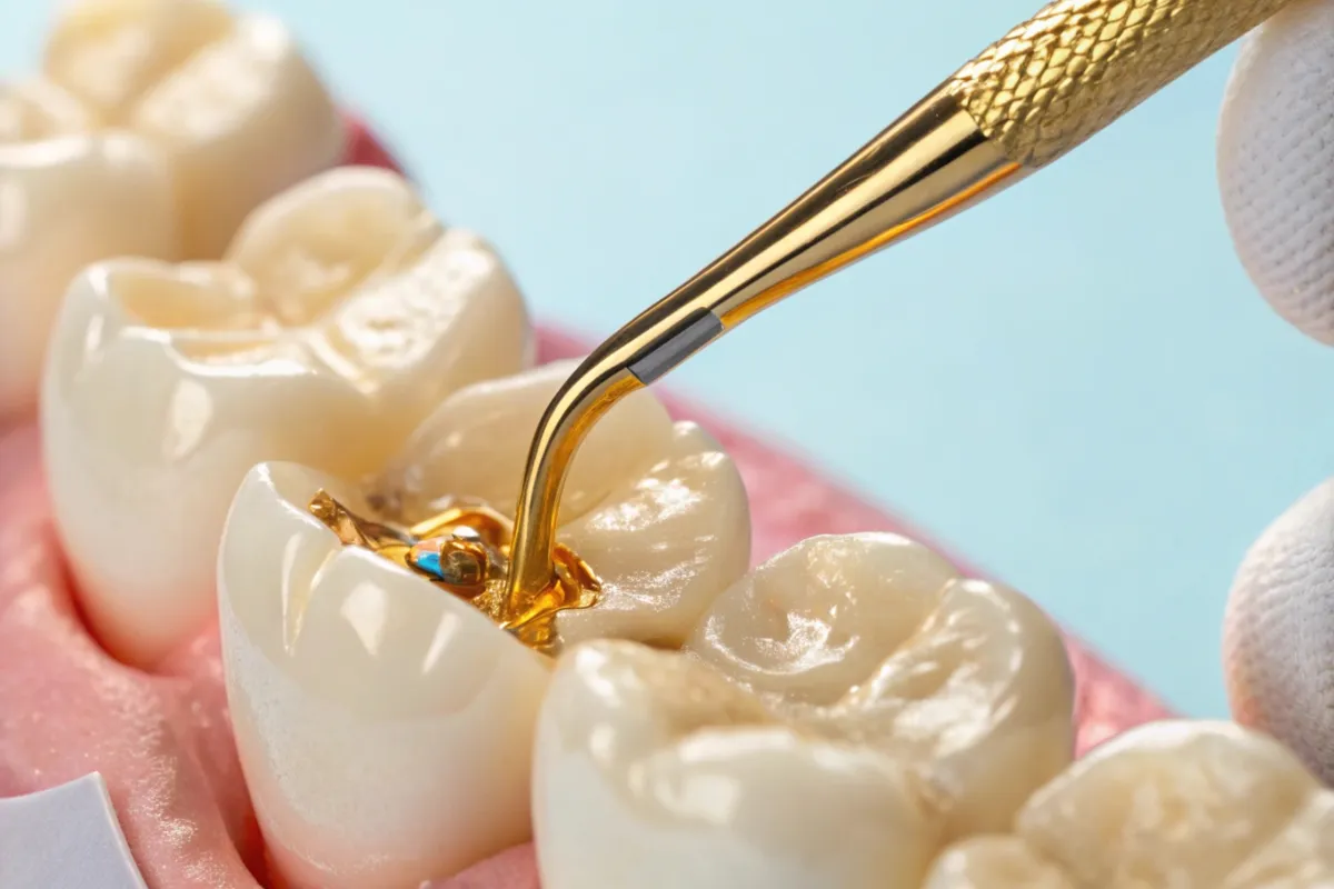 Close-up of gold  dental filling procedure