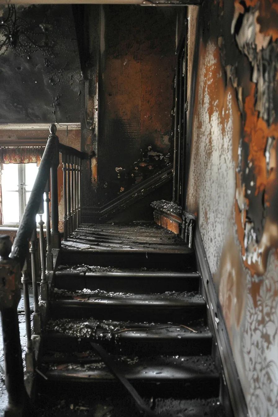 House with fire damage showing charred walls and smoke stains, representing fire damage insurance claims