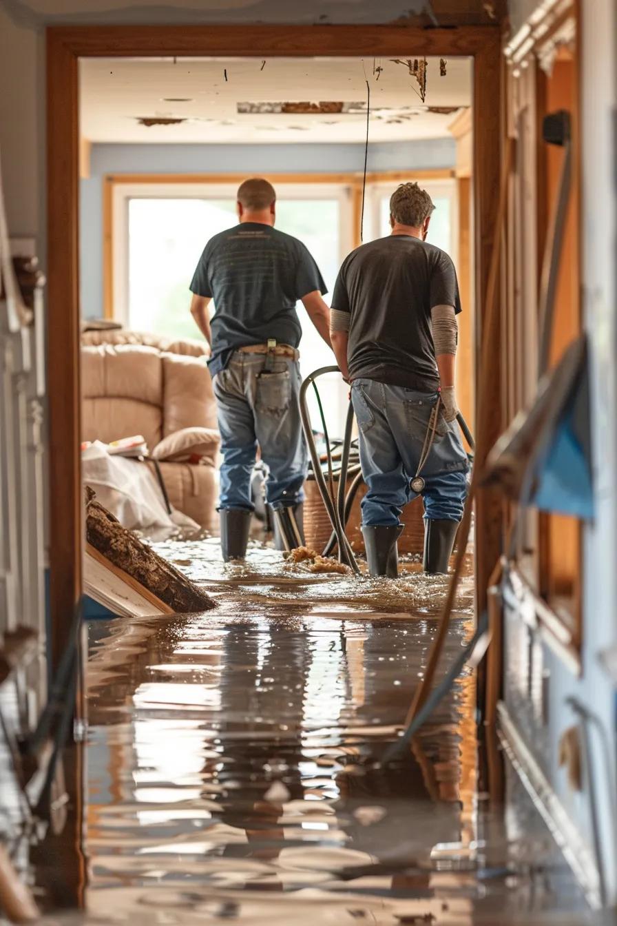 Professional water extraction team removing water from a flooded home