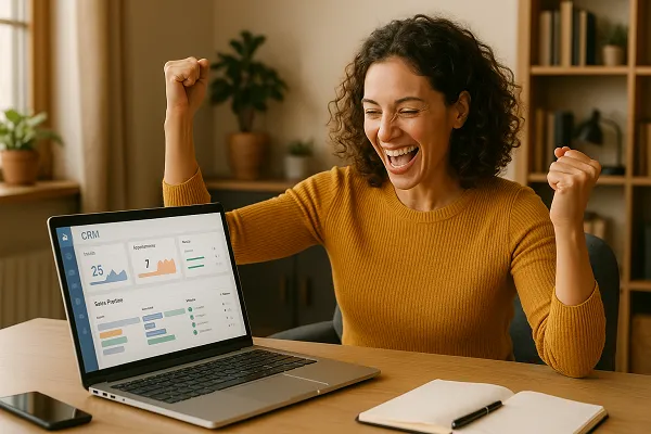 Small business owner using the best CRM tools for automation, sales tracking, and customer experience management.