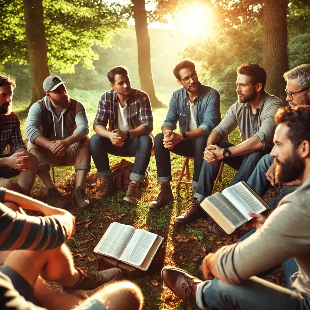A diverse group of men gathered in a circle outdoors for a Bible study, with open Bibles and notebooks, surrounded by trees and sunlight, symbolizing brotherhood, faith, and spiritual growth.