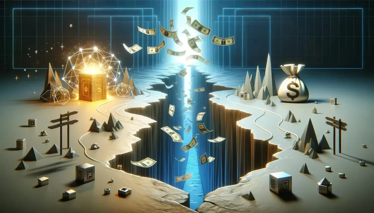 Minimalistic digital landscape representing software development challenges and opportunities. The scene features a clean, organized layout with tech icons in motion, symbolizing complexity. A central chasm with bills falling into it highlights potential pitfalls. A clear, winding pathway leads to a glowing golden vault on the other side, signifying potential gains and successful outcomes. The imagery illustrates the high risks and rewards associated with software development.