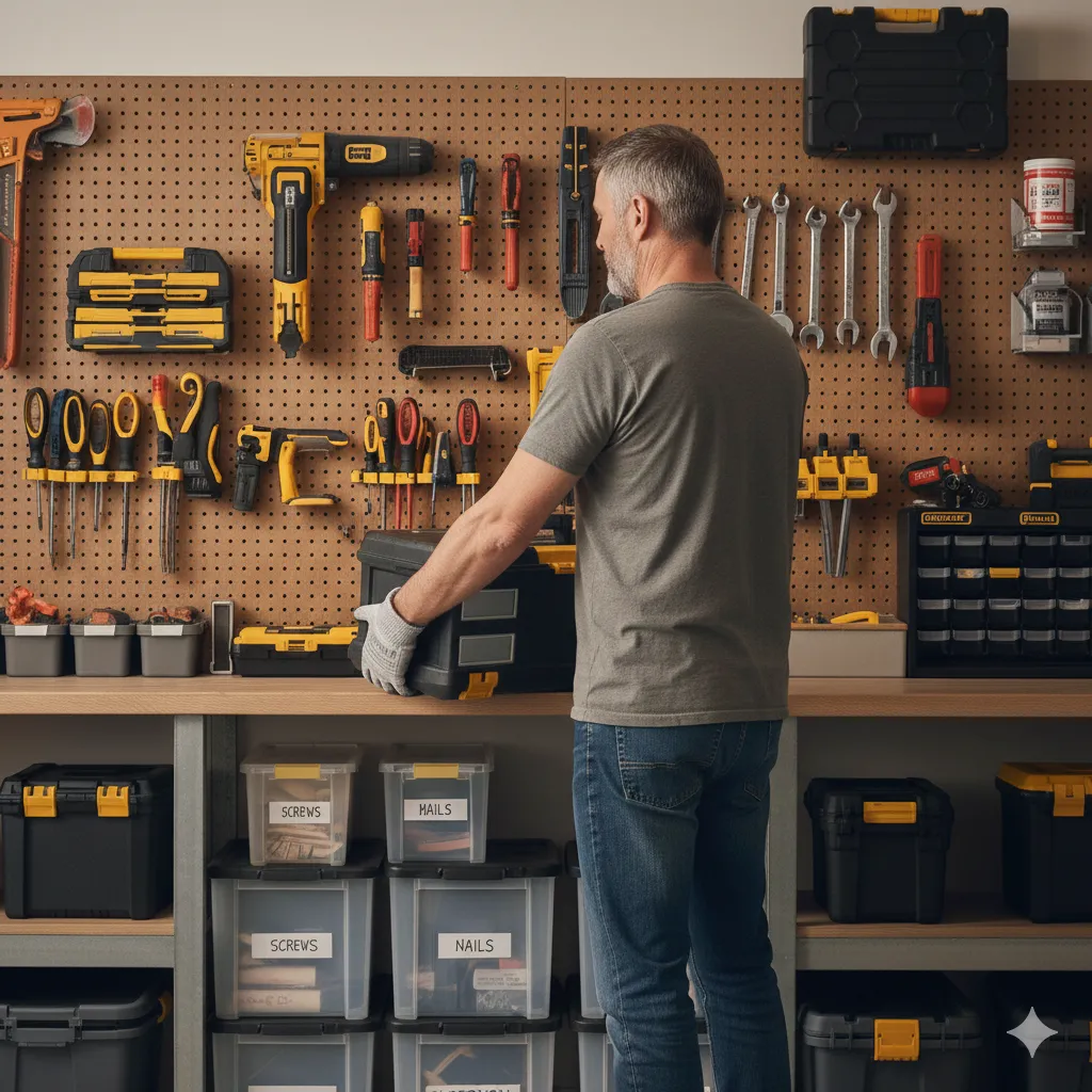 A man in a grey t-shirt stands in a well-organized garage workshop, placing a black toolbox on a wooden workbench. Behind him, a pegboard neatly displays various tools, and labeled storage bins sit on shelves below.