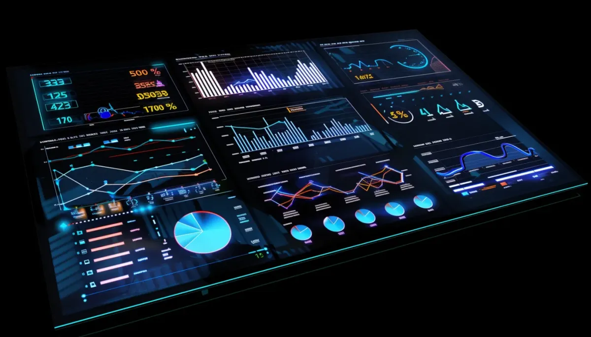 A futuristic digital marketing dashboard with glowing charts in white and light blue on a black background, representing Sirius Site Studio’s trend-driven tools