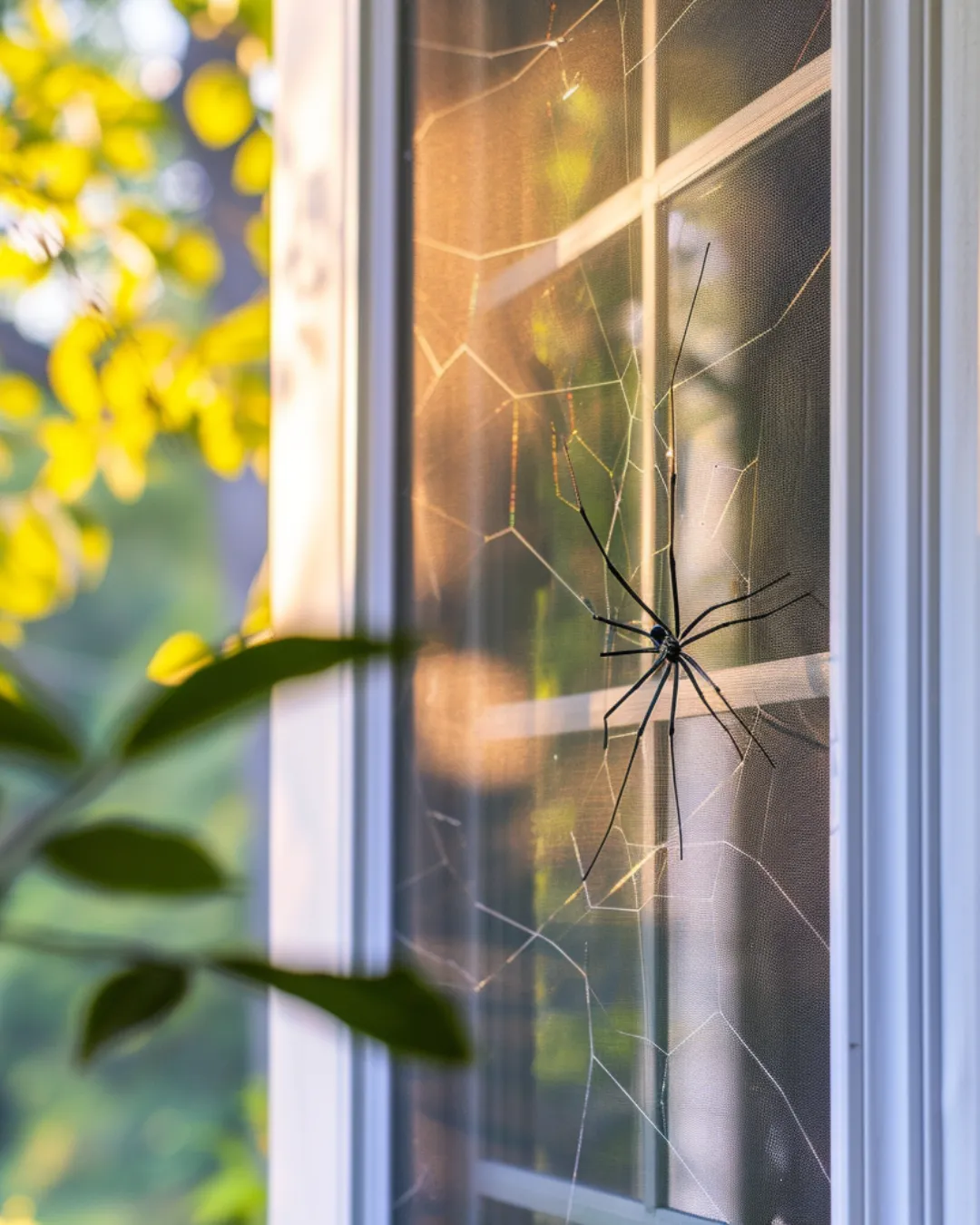 An Image of a spider and its web on a house window.