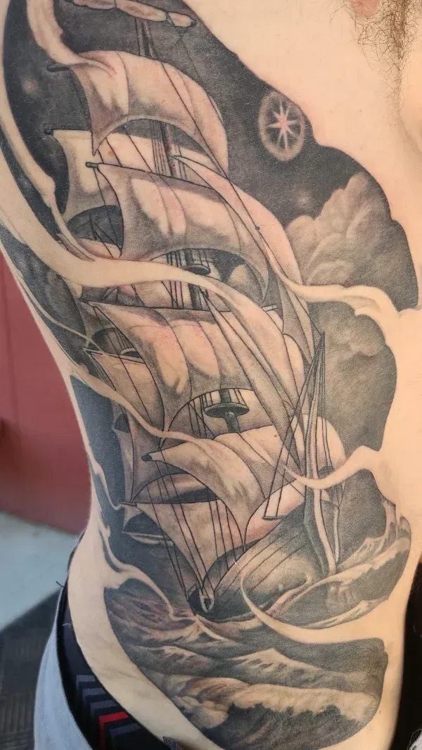Tall ship for Paule Black and gry tattoo: Professional tattoo by Mickey Schlick at Montana Tattoo Company in Missoula, MT 