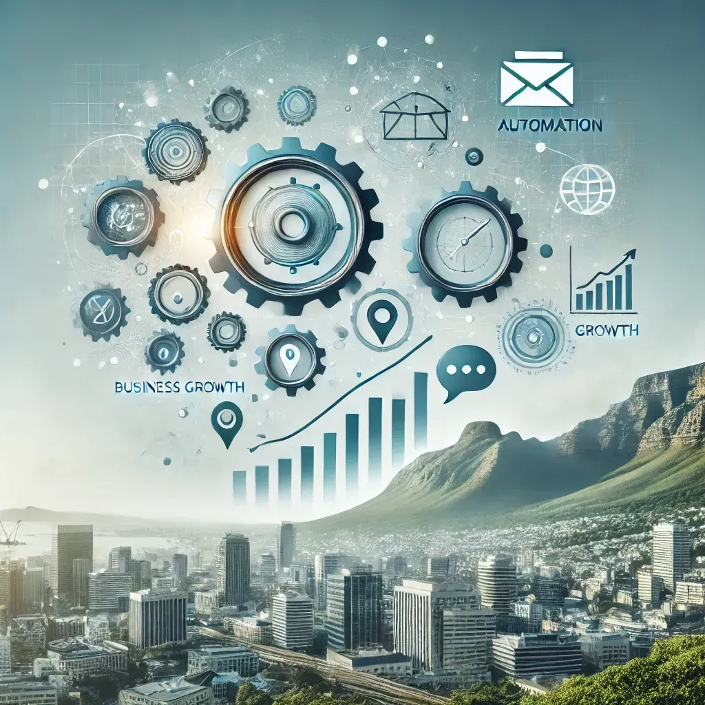 image for your In ONE CRM blog, featuring elements like automation, communication, and business growth, along with a subtle South African backdrop. The design reflects the theme of business efficiency and innovation.