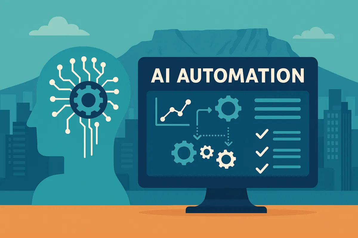 AI dashboard and Cape Town city background showing automated business workflows